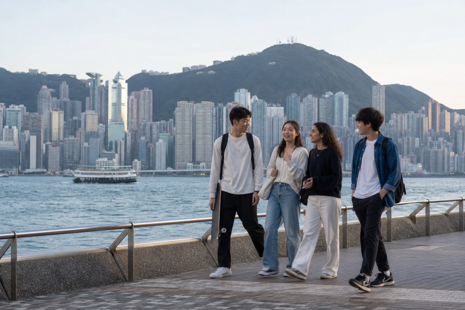年輕人在維港海旁散步，遠處是香港城市天際線