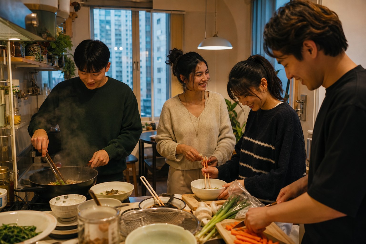室友們在香港住宅廚房裏一起準備晚餐
