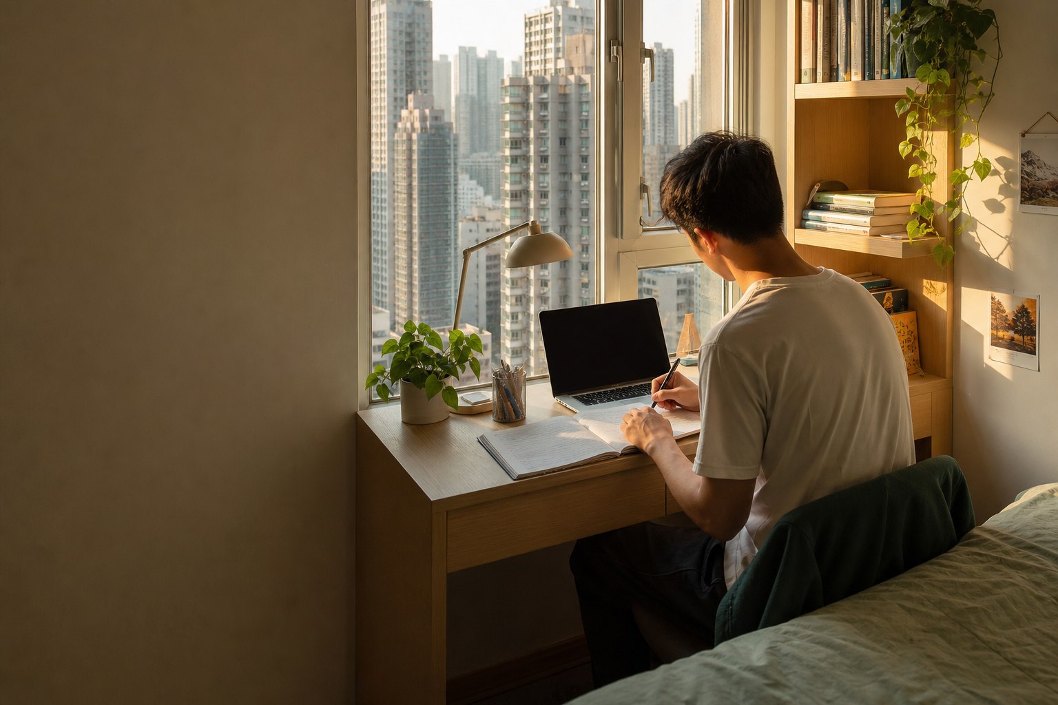 學生坐在香港住宅窗邊的書桌前學習